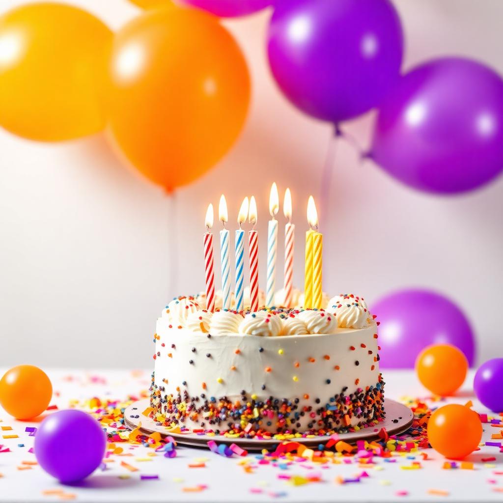 Pastel de cumpleaños con globos morados y naranjas