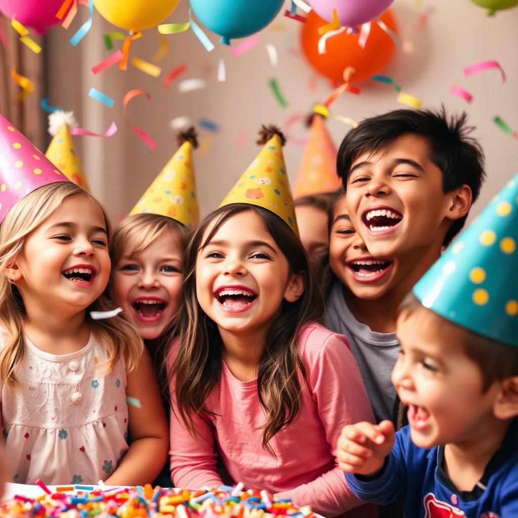 Niños felices con gorros de fiesta
